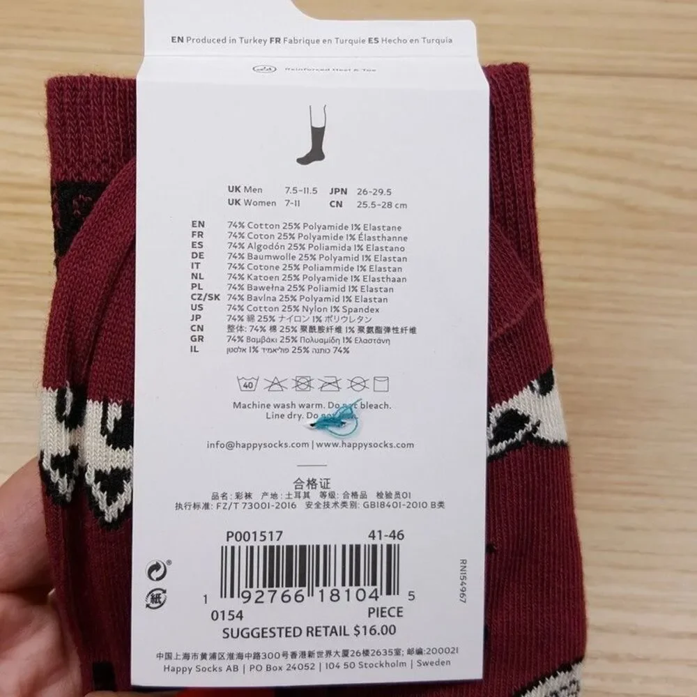 HAPPY SOCKS Crew Socks Burgundy Cat Combed Cotton Unisex Maroon M 8-12 W 10-12.5
